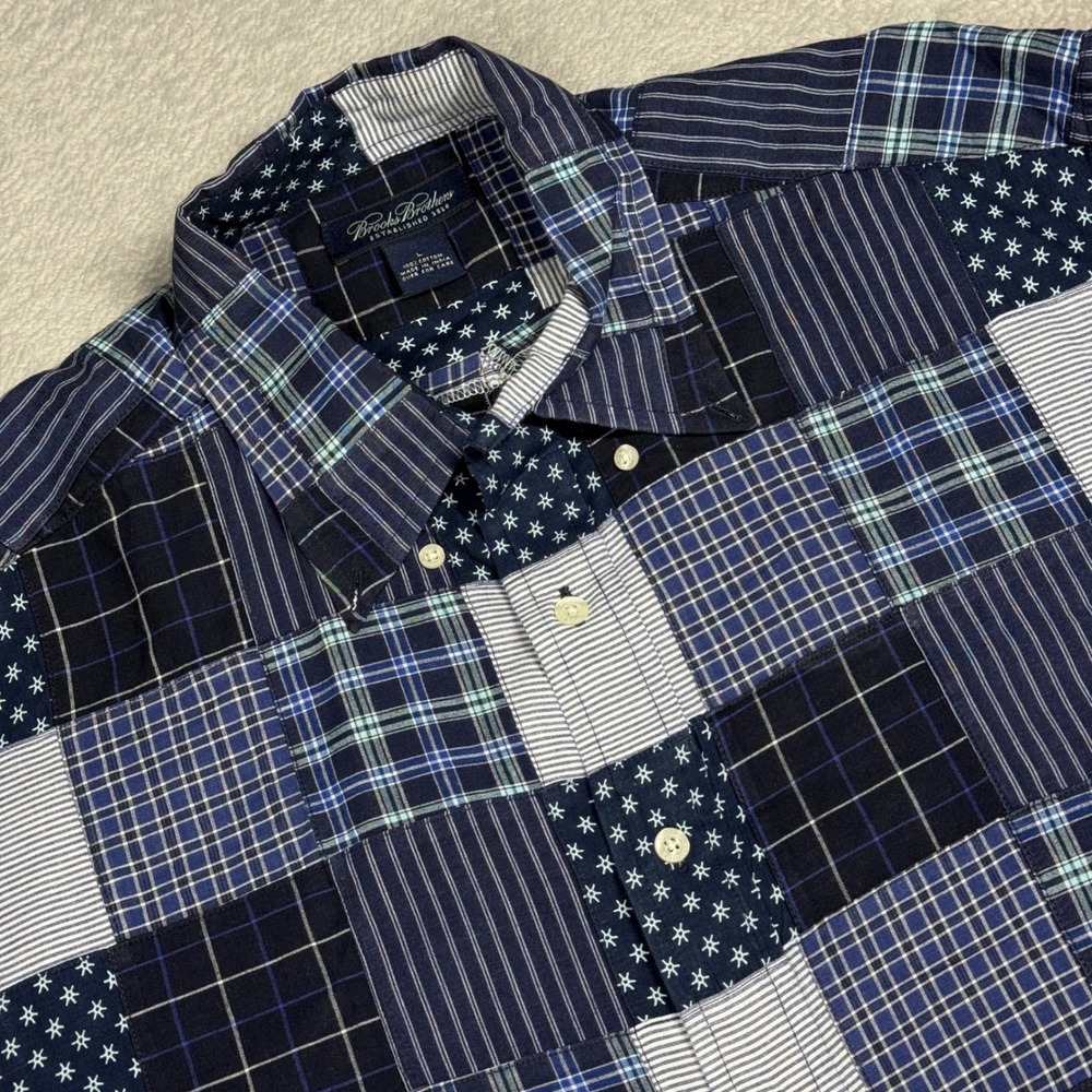 Brooks Brothers Patchwork Button Down Shirt Mens Large Blue Plaid Short Sleeve